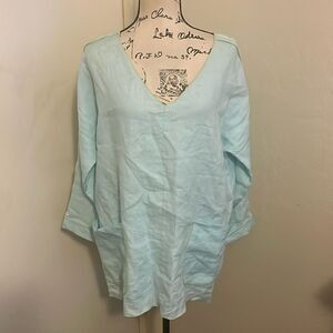 Soft Surroundings Blue 100% Linen Top Minimalist Boho Lagenlook Coastal Beach